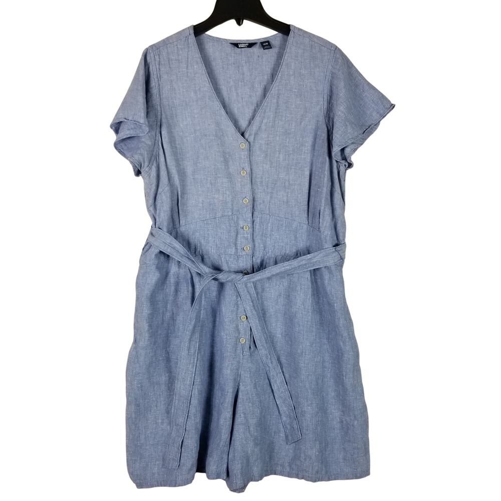 Lands' End Romper Womens 18W Blue 100% Linen Button Front Belted Short Sleeve